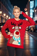 Red Polka Dot Reindeer Pom Pom Christmas Knit Jumper- Kinnse