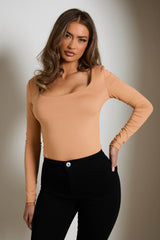 Nude Scoop Neck Long Sleeve Soft Touch Fitted Bodysuit - Emma