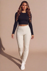 Beige Panel Detail High Waisted Leggings- Kiya