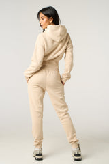 Stone Long Sleeve Cropped Fleece Hoodie & Cuffed Joggers Loungewear Set - Layla