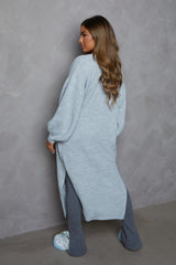 Grey Knitted Balloon Sleeve Side Split Longline Midi Cardigan- Emmy