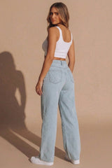 Light Blue Sparkle Diamond Stitch High Waisted Straight Leg Jeans  - Maevo