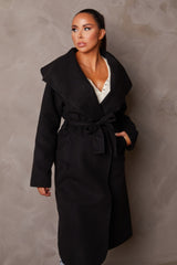 Black Long Sleeve Belted Side Pocket Shawl Collar Midi Longline Coat - Payton