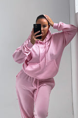 Baby Pink Oversized Front Pocket Pullover Hoodie Cuffed Joggers Loungewear Set - Alexia