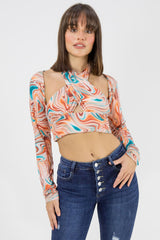 Orange Marble Print Slinky Cross Wrap Halter Crop Top - Donelia