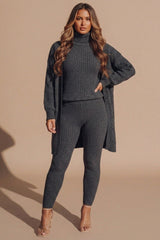 Charcoal Ribbed Knitted 3 Piece Loungewear Set-Jinet