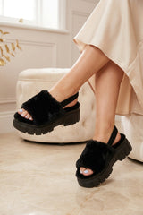 Black Faux Fur Slingback Chunky Platform Sandals - Ehna