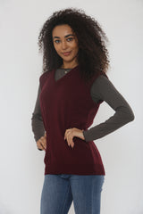 Burgundy V Neck Sleeveless Knitted Vest- Hanya