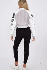 Grey Faux Leather Cropped Contrast Graphic Bomber Jacket - Bellara