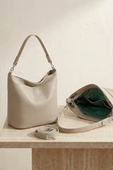 Beige Textured Detachable Strap Shoulder Bucket Bag  - Tasmin