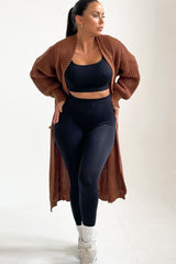 Chocolate Knitted Long Sleeve Pocket Detail Ribbed Cardigan - Leanne