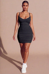 BLACK RUCHED CUP DETAIL STRAPPY BODYCON MINI DRESS - ELIZA