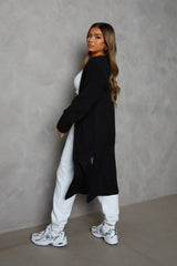 Black Knitted Long Sleeve Side Split Longline Midi Cardigan - Avery