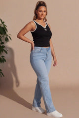 Black Ribbed Flower Embroidered Sleeveless Crop Top - Riym