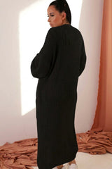 Black Longline Rib Knitted Balloon Sleeve Pocket Detail Maxi Cardigan - Thea