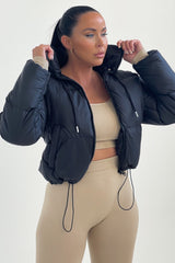Black Hooded Drawstring Cropped Puffer Jacket - Stacey