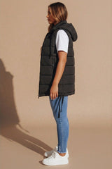 Black High Neck Zip Up Sleeveless Hooded Padded Midi Gilet - Kenley