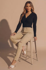 Beige High Waisted Skinny Soft Touch Skinny Jeans With Rip Detail  - Delilah