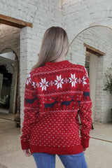Red Reindeer & Snowflake Pattern Knitted Christmas Jumper - Talia