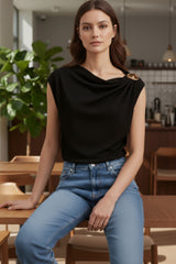 Black One Shoulder Draped Top with Gold Shoulder Detail- Fiana