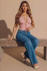 Pink Lace Trim Lace Up Corset Top- Fioran