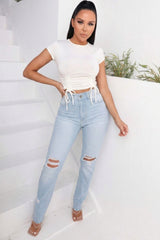 Blue Mid Wash High Waisted Distressed Slim Fit Jeans - Lowri
