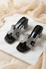 Black Diamanté Cut-Out Block Heel Mule Sandals - Jara