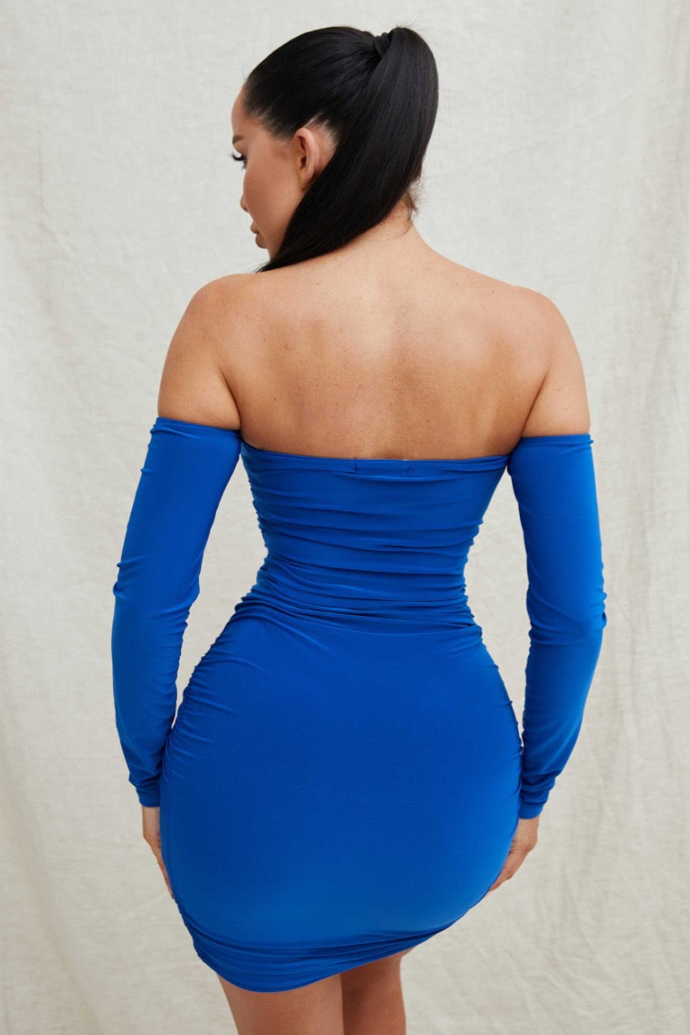 Royal Blue Slinky Ruched Bardot Long Sleeve Cut Out Tie Front Bodycon   Femme Luxe