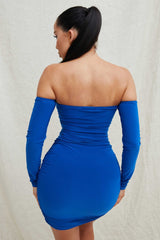 Royal Blue Slinky Ruched Bardot Long Sleeve Cut Out Tie Front  Bodycon Mini Dress - Zion