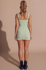 Sage Ribbed Frill Strap Bodycon Mini Dress - Filyan