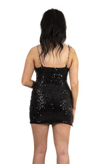 Black Sequin Strappy Bodycon Mini Dress- Glossy