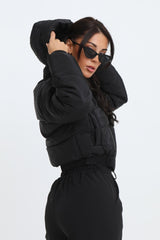 Black Cropped Padded Long Sleeve Zip Front Shower Proof Jacket - Harper