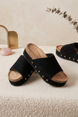 Black Faux Suede Stud Detail Platform Slider Sandals - Gesito