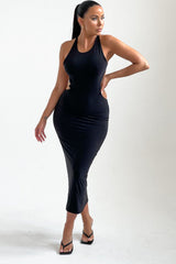 Black Cross Over Back Cut Out Gold Chain Detail Midi Dress - Indie