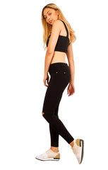 Black Slit Knee Skinny Ripped Five Pocket Detail Jeans- Sylah
