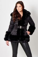 Black Belted Padded Faux Fur Detail Hooded Coat - Eva