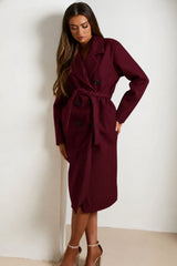 Wine Double Breasted Black Button Detail Belted Trench Coat - Eliana
