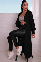 Black Longline Rib Knitted Balloon Sleeve Pocket Detail Maxi Cardigan - Thea