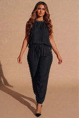 Black Stud Detail Sleeveless Loungewear Co-Ord Set - Reinax