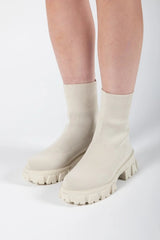 Beige Cleated Pull On Knit Chunky Sole Sock Ankle Boots - Melissa