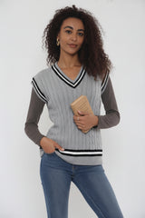 Grey Cable Knit V Neck With Blue Stripe Jumper- Casoil