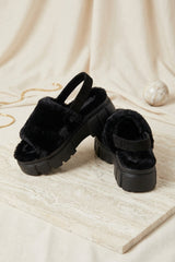 Black Faux Fur Slingback Chunky Platform Sandals - Ehna