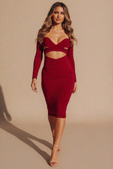 Red Long Sleeve Cut Out Midi Dress - Maria