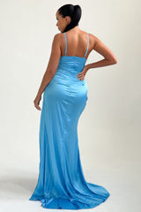 Sky Blue Strappy Satin Side Split Maxi Dress - Karina