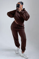Chocolate Oversized Front Pocket Pullover Hoodie Cuffed Joggers Loungewear Set - Alexia