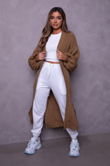 Chocolate Knitted Balloon Sleeve Side Split Longline Midi Cardigan- Emmy