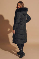 Black Longline Faux Fur Trim Puffer Jacket - Kiera