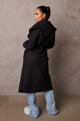 Black Long Sleeve Belted Side Pocket Shawl Collar Midi Longline Coat - Payton