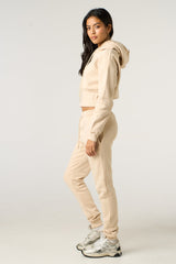 Stone Long Sleeve Cropped Fleece Hoodie & Cuffed Joggers Loungewear Set - Layla
