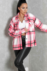 Rose Pink Check Print Oversized Button Up Pocket Shacket - Isabella